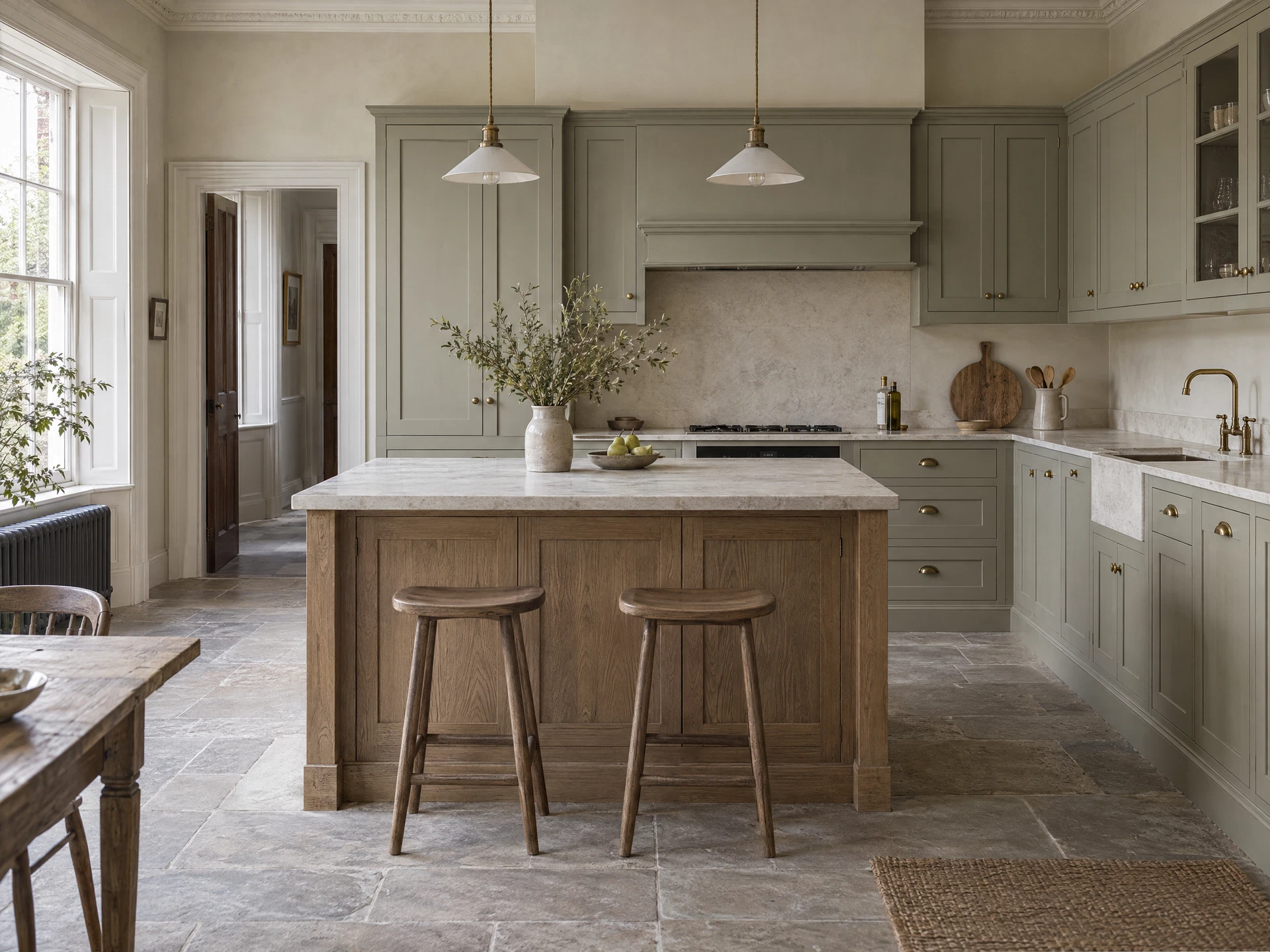 Design visualisation: sage Shaker kitchen design concept with oak cabinetry, pale stone and natural window light